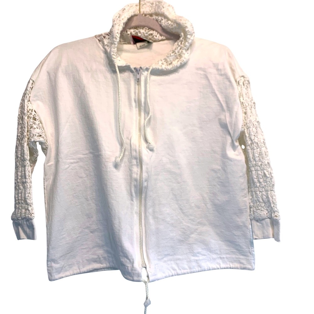 Presto Vintage 90s Crochet Sleeve‎ Zip Up Hoodie M/L White Cotton Coastal Chic